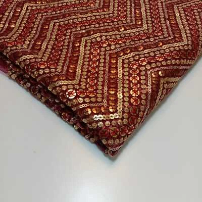 Deep Red Sabyasachi Net Lehnga Dress Material CHEVRON Sequin Glitter Fabric 44" - Image 1 of 2