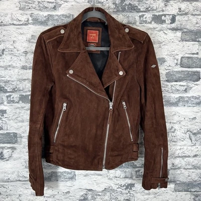 Superdry Mujer Chaqueta Motera Cuero Gamuza Marrón Talla UK 10 / EU 38 Moto Cremallera Foto 1 de 4