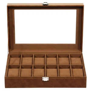 Estuche de reloj de 12 ranuras de cuero PU con tapa de vidrio caja de exhibición de almacenamiento de joyas regalo - Imagen 1 de 10