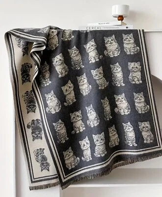 Ladies Top Quality Double Sided Cat Pattern Scarf Wool  Evening Shawl Warm - Image 1 of 4