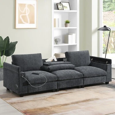 Modern 3 Seater Sofa Chenille Upholstered Couch W/ Bluetooth Speaker Cup Holders - Image 1 of 4