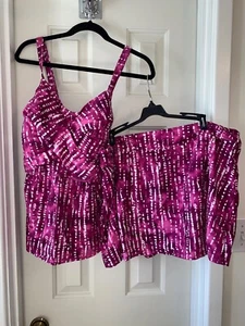 DENIM & CO Beach Twist Front Tankini w/ Skirt Set PINK SHIBORI sz 22W - Picture 1 of 5
