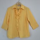 Vintage 90s Does 70s Joanna Womens Small Yellow Ruffle Front 3/4 Sleeve Blouse