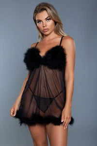 sexy BE WICKED faux FUR cups MESH babydoll G-STRING thong CHEMISE mini DRESS set - Picture 1 of 12