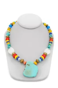 Bead Necklace Brass Silver Tone Turquoise Quartz Glass 20" - Picture 1 of 11