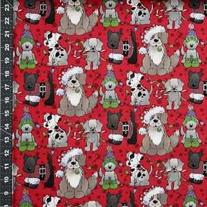 Fabric Traditions | Christmas Holiday Pups Dogs With Glitter on Red YARD - Picture 1 of 1