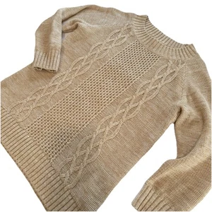 LL Bean Womens Beige Neutral 3/4 Sleeve Fisherman Cable Sweater Size XS - Picture 1 of 11