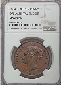 1854 Victoria Penny 1d NGC MS63 BN Ornamental Trident Uncirculated Britain OT - Picture 1 of 4