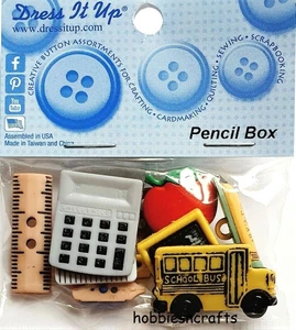 PENCIL BOX 324 Dress It Up Novelty Craft Buttons Bus Calc Ruler Books Apple - Picture 1 of 2