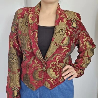 Expose Vintage Chenille Cropped Peaked Lapel Blazer Large Paisley Red Gold Retro - Image 1 of 4