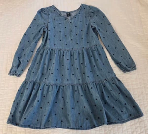 GUC Girls Size L / 10-11 Gap Kids Blue Chambray Polka Dots Long-Sleeve Dress - Picture 1 of 14