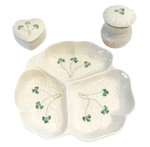 Juego de 3 trébol Belleek dividido fortunas plato de fiesta baratija plato tapa florero de colección - Imagen 1 de 13