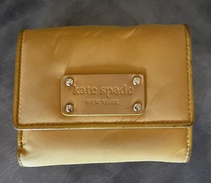 AUTH KATE SPADE Snap & Zip Compact Wallet Yellow Sateen Fabric Rare Style - Picture 1 of 6