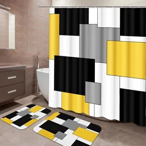 Yellow and Black Shower Curtain Set Geometric Bathroom Sets with Shower Curta... - Picture 1 of 7
