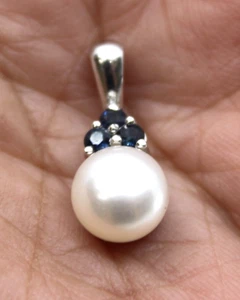 14k Solid White Gold Pearl & Sapphire Dainty Pendant - Picture 1 of 8
