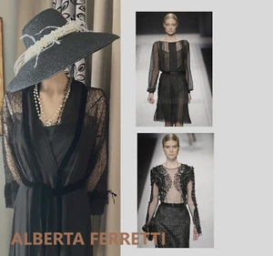 ALBERTA FERRETTI GRAND SILK LACE VELVET OVERLAY ASSYMETRIC HEM COCKTAIL DRESS 8 - Imagen 1 de 10