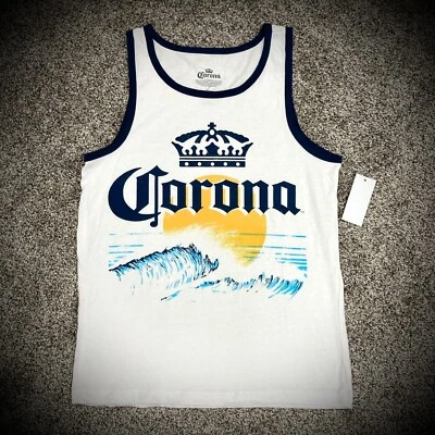 Camiseta sin mangas Corona Beer para hombre (sm) blanca azul marino amarilla puesta del sol ola del océano playa NUEVA Foto 1 de 4