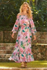BOSTON PROPER Floral Blooms Smocked Maxi Pink Off The Shoulder Lined Dress L NWT - Picture 1 of 11