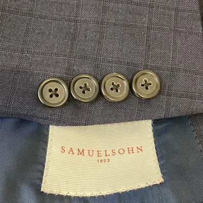 Samuelsohn Suit Mens 42R 36 x 30 Navy Blue Windowpane Wool 2 Piece Blazer Pants Foto 1 de 4