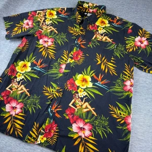 LRG Button Up Hawaiian Shirt Skull Hula Girl Tropical Floral Mens Button Down - Picture 1 of 5