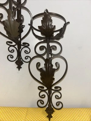 Vintage Brown Metal Wall Sconce Candle Holder 13” MCM Pair Wall Art Gothic Style - Image 1 of 4