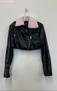 Forever 21 Cropped Moto Jacke schwarz/rosa Kunstfellbesatz - Größe M - Bild 1 von 7