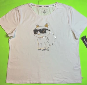 KARL LAGERFELD Women’s Short Sleeve T-Shirt X-LARGE White w/Black, Gold, Silver - Picture 1 of 15