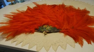 LARGE ANTIQUE VICTORIAN RED/ORANGE OSTRICH FEATHERS FAN - Picture 1 of 5