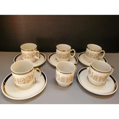 Juego de 6 tazas y platillos espresso Royal Crown llave griega dorada Demitasse Foto 1 de 4