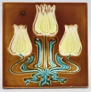Antique Fireplace Tile Triple Tulip By Corn Brothers C1908 - Picture 1 of 3