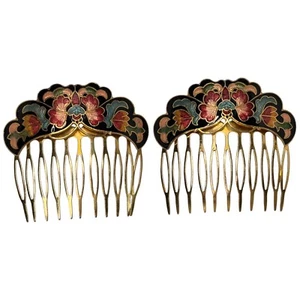 Vintage Cloisonné Haarkämme Emaille Metall Haarspangen Gold Schwarz Blumen 2er Set - Bild 1 von 8