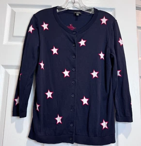 Talbots Patriotic Charming Cardigan Womens Medium Navy Stars Button 3/4 Sleeves - Picture 1 of 13