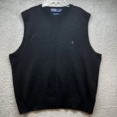 Polo por Ralph Lauren Masculino Grande Preto Gola V Colete Suéter 100% Lã de Cordeiro - Imagem 1 de 4
