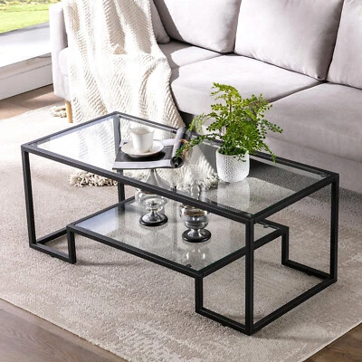 COSVALVE Black Metal Glass Coffee Table Side Table w/Shelf Home Office Furniture - Image 1 of 4