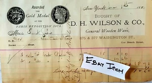1880 Nueva York D.H. Wilson & Co. Billhead Woodenware Exposición París Medalla de Oro - Imagen 1 de 2