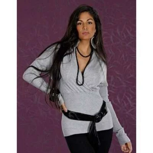 JERSEY MUJER MODA IMPRESIONANTE CUELLO EN V MANGA LARGA GRIS 649  - Imagen 1 de 4