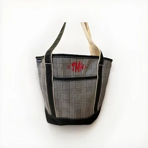 Bolso de Mano Lands End Negro a Cuadros Mediano Sin Usar Monograma THM Bolsillos Exteriores Interior - Imagen 1 de 13