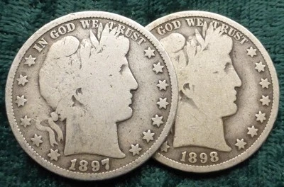 2 Barber Silver Half Dollars, United States of America 50C Coins, 1897, 1898 - Image 1 of 4