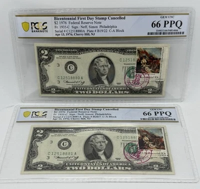 1976 $2 Two Dollar Bill - Stamped 4/13/1976 PCGS 66 PPQ FDOI 2 Consecutive SN V5 - Image 1 of 4