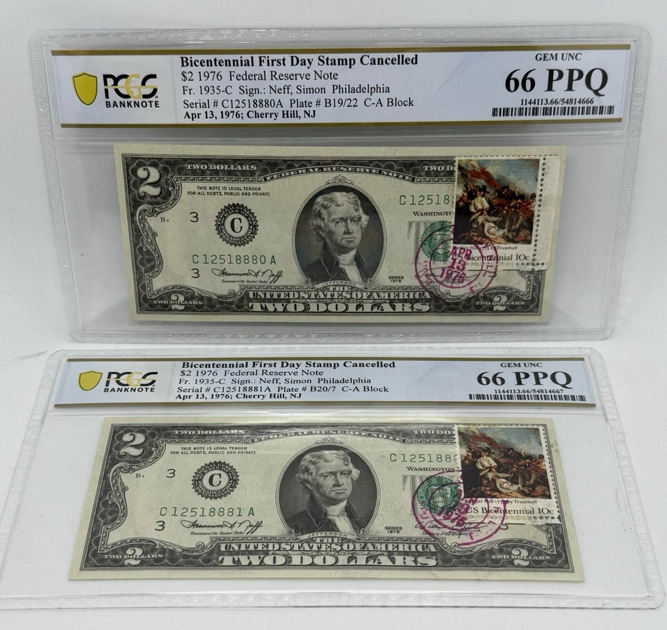 1976 $2 Two Dollar Bill - Stamped 4/13/1976 PCGS 66 PPQ FDOI 2 Consecutive SN V5 - Image 1 of 4