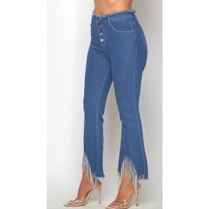 Denim Blvd Los Angeles Cropped Flare Strass Fransen roher Saum Knopfleiste Jeans  - Bild 1 von 8