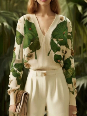 Womens V Neck French Style Long Sleeve Knit Floral Sweater Spring Occident Party - Image 1 of 4