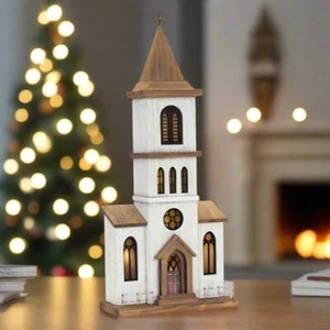 "Iglesia de madera blanca primitiva rústica de Navidad de 25,25"" se enciende eléctricamente" - Imagen 1 de 3