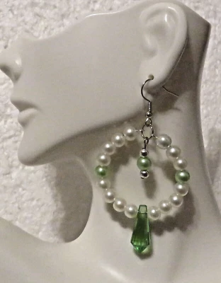 Exquisite, Handcrafted Green & White Hoop Earrings 2.50" Hook Dangle - Image 1 of 3