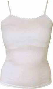 LADIES WHITE 100% COTTON CAMISOLE VEST TOP STRAPPY LACE S M L XL - Picture 1 of 3