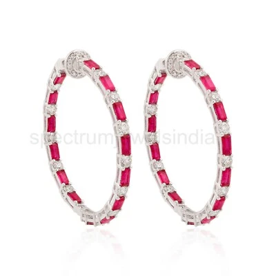 5.97 TCW Natural H/SI Diamond Ruby Gemstone Hoop Earrings 14k White Solid Gold - Image 1 of 4