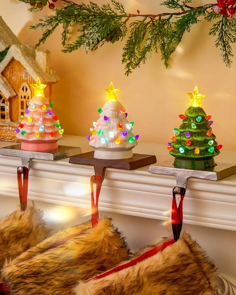 Minetom Ceramic Christmas Tree Stocking Holders for Mantle Set of 3 with LED Li
