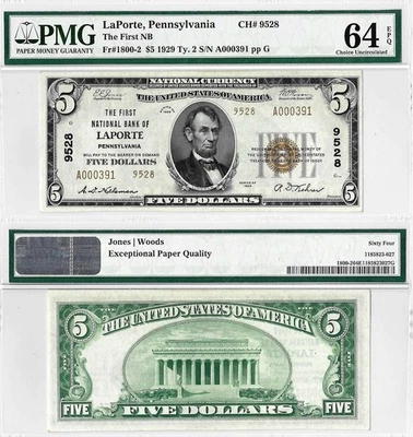 1929 $5 Laporte, Pennsylvania Charter 9528 PMG Choice CU-64 EPQ - Image 1 of 3