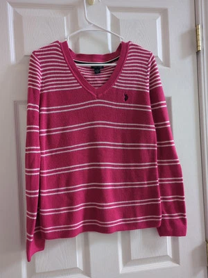 EE. UU. POLO ASSN. Suéter Ligero Rayas Rosa/Blanco Mujer Cuello en V Grande Foto 1 de 4