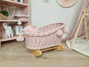 Wicker Doll Cot Pink with Pompoms and Bedding Wooden Cot - Picture 1 of 7